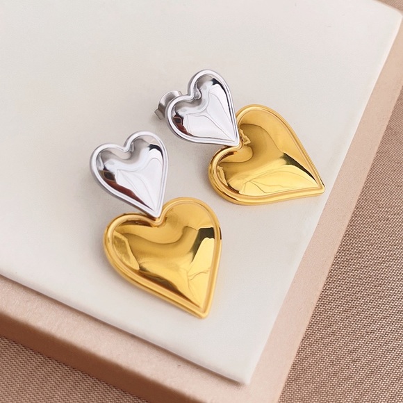 Bicolor Double Heart Earrings*Waterproof*Sweatproof*Tarnish Free - Picture 2 of 6